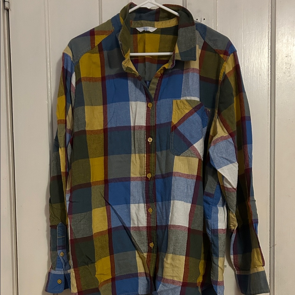 Time and Tru Yellow and Blue Plaid Button-Up Shirt